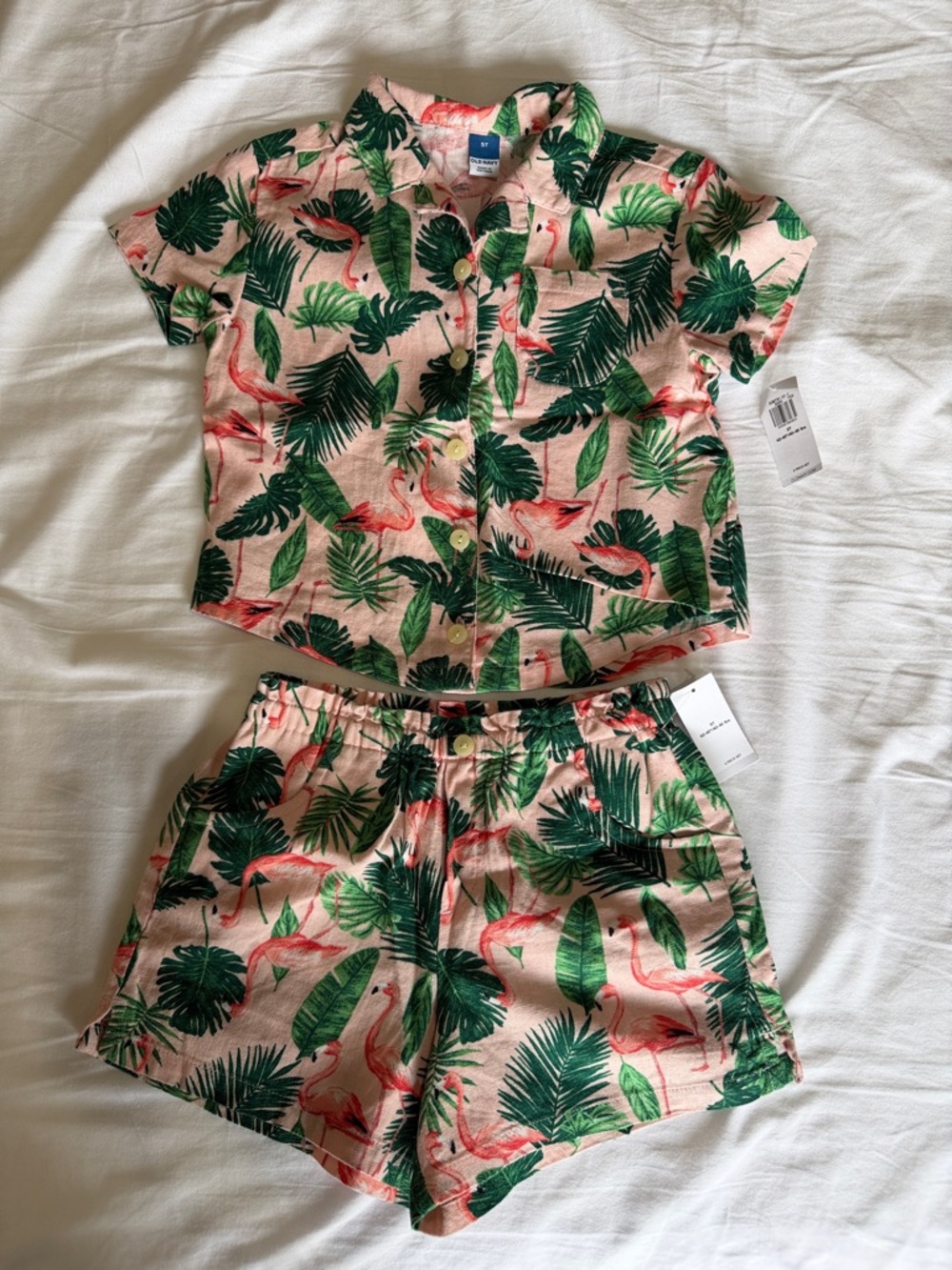NWT Old Navy Pink and Green Flamingo Short Matching Shirt and Short Set